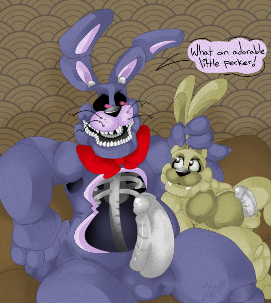 ! animatronic anthro balls bow english_text erection five_nights_at_freddy's lagomorph long_ears looking_down looking_up machine male male/male mammal nightmare_bonnie_(fnaf) penis plushtrap_(fnaf) rabbit robot sharp_teeth sitting size_difference smile spread_legs spreading teeth text unknown_artist video_games whiskers