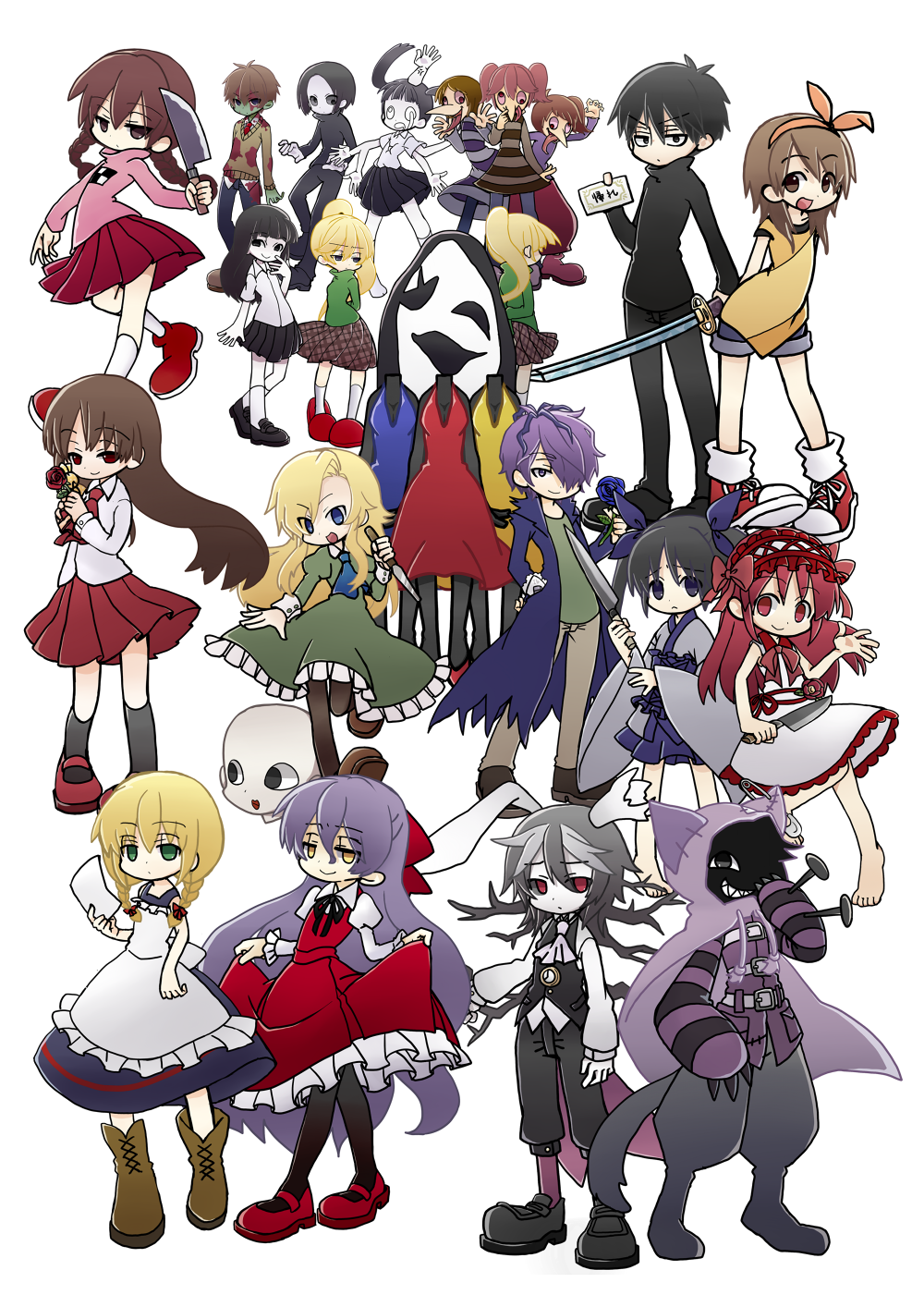 6+girls alice_mare bangs bannou_houchou-san barefoot black_hair blonde_hair blue_eyes brown_eyes brown_hair cheshire_cat_(alice_mare) chibi commentary_request crossover dress ellen_(majo_no_ie) flower garry_(ib) green_eyes grey_eyes grey_hair hair_ornament highres holding holding_knife holding_sword holding_weapon houchou-san_no_uwasa ib ib_(ib) ichinose_natsuki kanzaki_shiori katana kirisame_ga_furu_mori knife madotsuki majo_no_ie mary_(ib) mary_janes monoe monoko multiple_boys multiple_crossover multiple_girls open_mouth pantyhose pink_shirt poniko purple_eyes purple_hair red_eyes red_hair rose sashimi_houchou-san sekomumasada_sensei shirt shitaisan shoes sidelocks smile suga_koutarou sword toriningen transparent_background uboa viola_(majo_no_ie) weapon white_eyes white_rabbit_(alice_mare) yellow_eyes yume_nikki