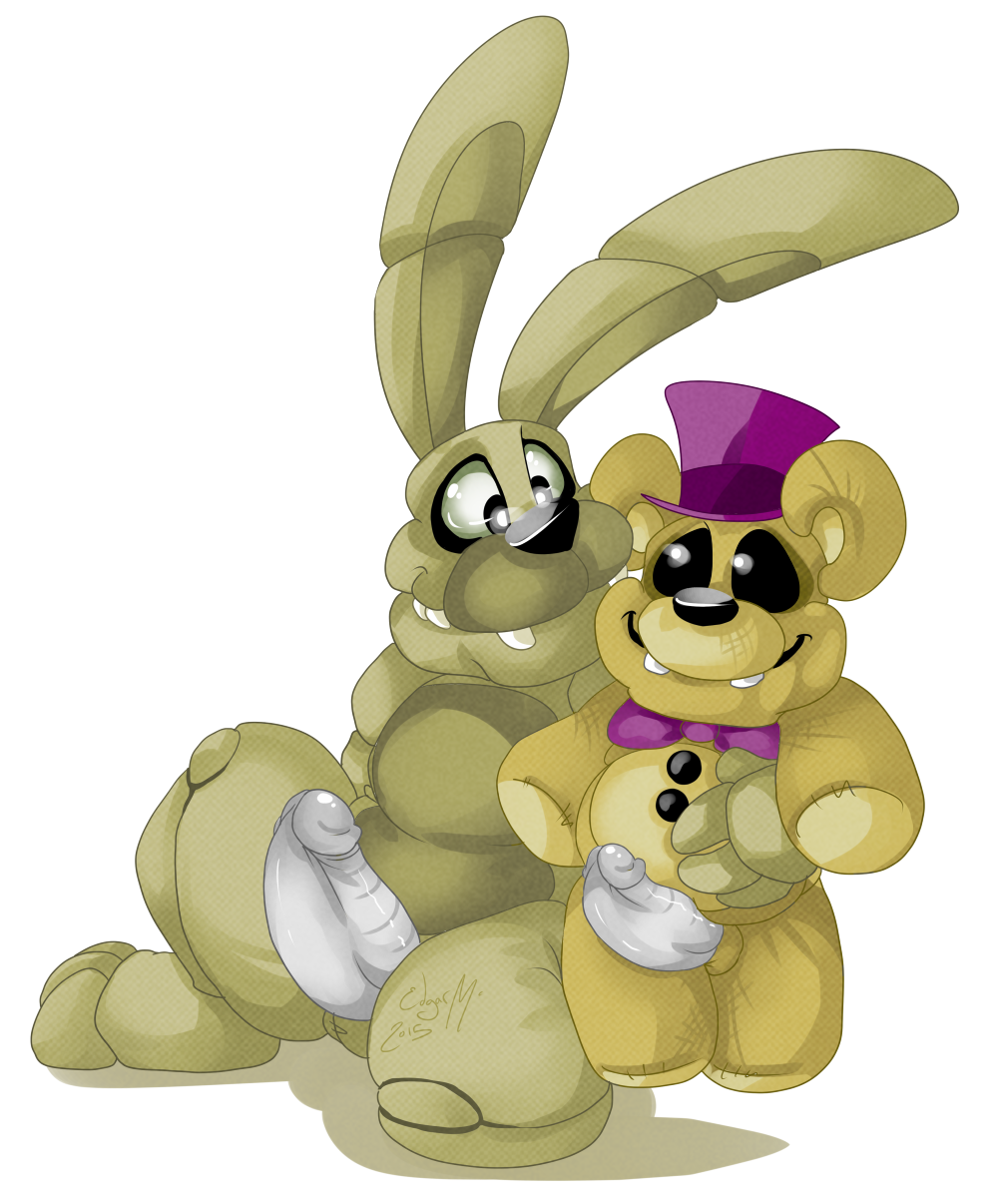 animatronic anthro balls barefoot bear bow cute erection five_nights_at_freddy's five_nights_at_freddy's_4 fredbear_(fnaf) hat headgear lagomorph long_ears looking_down looking_up machine male male/male mammal nude penis plushie plushtrap_(fnaf) rabbit robot size_difference smile spread_legs spreading teddybear teeth toy unknown_artist video_games