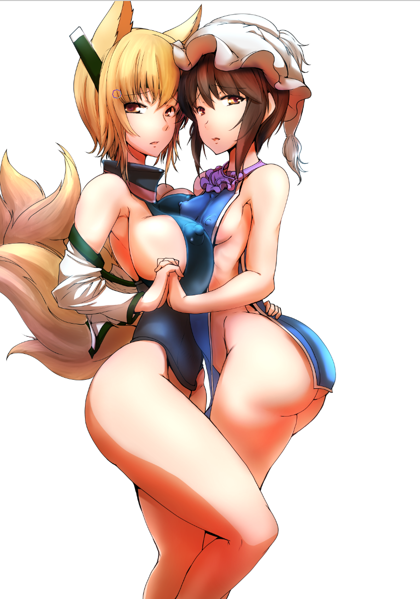 alternate_costume animal_ears ass asymmetrical_docking bare_arms bare_legs bare_shoulders blonde_hair blue_leotard breast_press breasts brown_hair cosplay covered_nipples dearmybrothers detached_sleeves fox_ears fox_tail from_side hand_on_another's_hip hat headgear highres holding_hands kantai_collection large_breasts leotard looking_at_viewer mob_cap multiple_girls multiple_tails naked_tabard tabard taihou_(kantai_collection) taihou_(kantai_collection)_(cosplay) tail touhou yakumo_ran yakumo_ran_(cosplay)