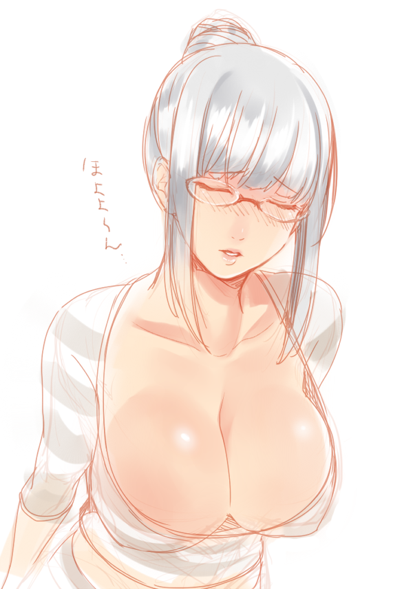 blush breasts cleavage closed_eyes collarbone glasses hair_bun jyuru large_breasts long_hair nose_blush parted_lips prison_clothes prison_school shiny shiny_skin shiraki_meiko shirt sidelocks silver_hair simple_background solo striped striped_shirt vertical-striped_shirt vertical_stripes white_background