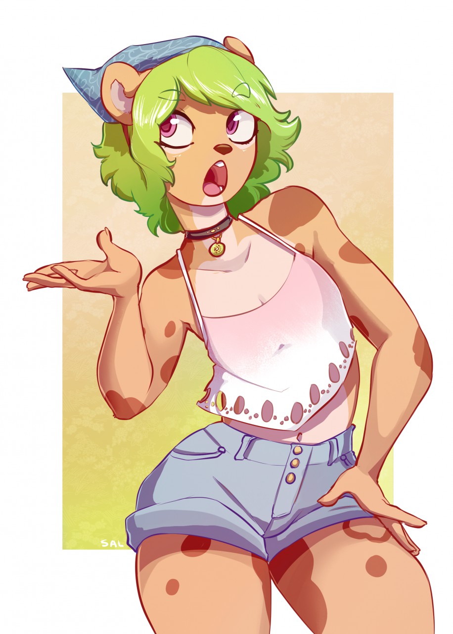 anthro bear cheetah clothing collar feline girly green_hair hair headwear hybrid male mammal open_mouth salkitten shorts solo