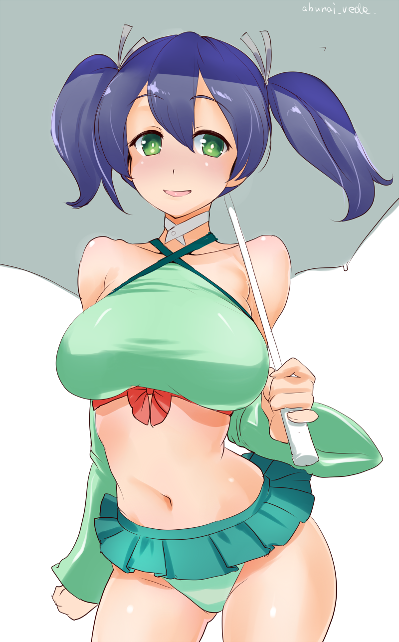 bare_shoulders blue_hair blush breasts commentary_request detached_sleeves green_eyes highres kantai_collection large_breasts looking_at_viewer midriff navel open_mouth race_queen shiny shiny_skin short_hair skirt smile solo souryuu_(kantai_collection) taut_clothes twintails ueda_torini umbrella