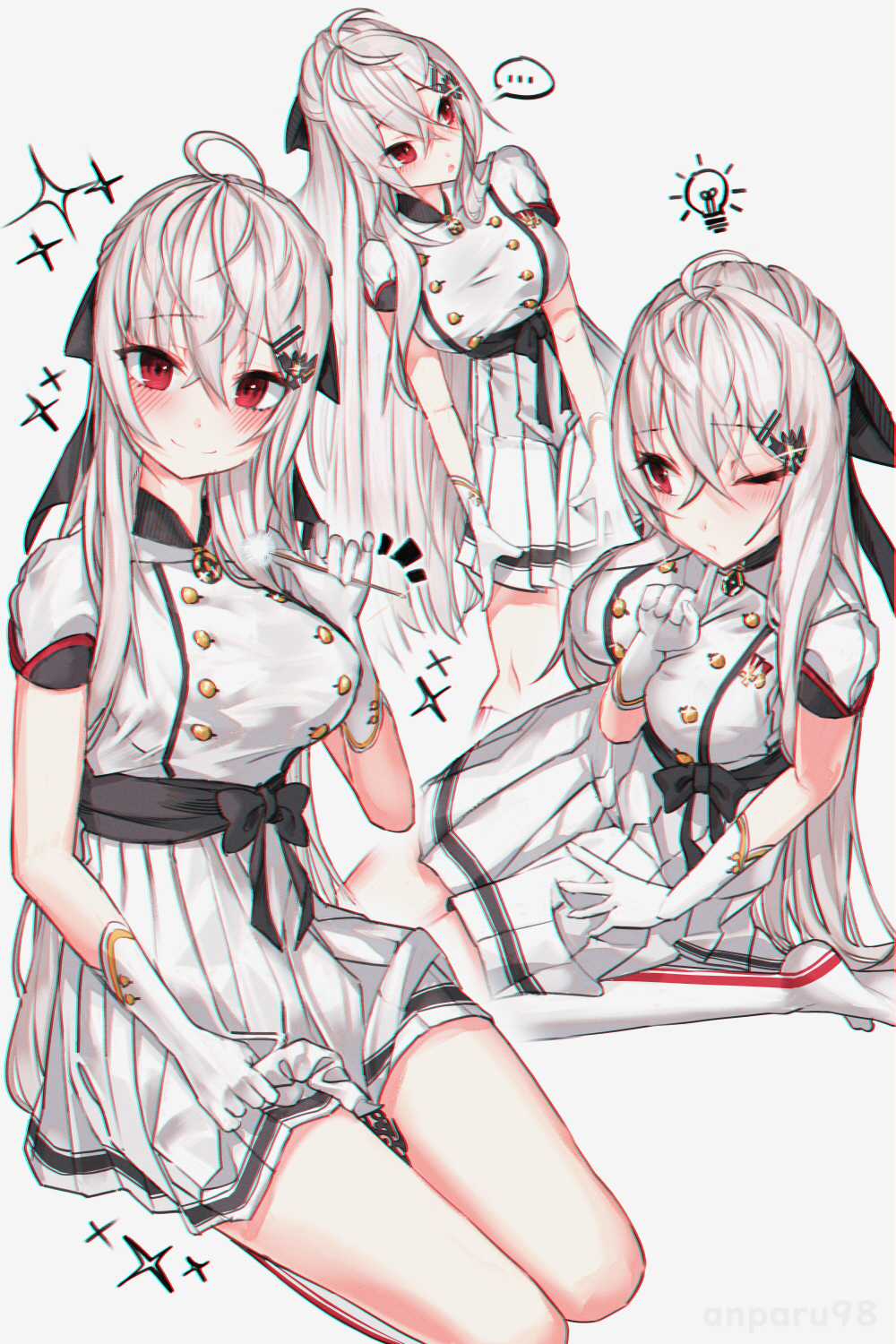 ... 1girl :o ahoge anparu artist_name bangs black_ribbon blush breasts closed_mouth commentary_request double-breasted eyebrows_visible_through_hair girls_frontline gloves hair_between_eyes hair_ornament hairclip half_updo hand_up highres holding index_finger_raised iws-2000_(girls_frontline) kneehighs large_breasts light_bulb long_hair looking_at_viewer looking_to_the_side mimikaki miniskirt notice_lines one_eye_closed parted_lips pleated_skirt puckered_lips red_eyes ribbon shirt short_sleeves sidelocks silver_hair sitting skirt smile sparkle spoken_ellipsis tattoo taut_clothes wariza white_background white_gloves white_legwear white_shirt white_skirt