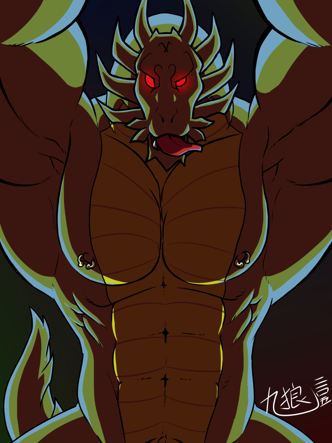 2015 abs anthro big_muscles brown_scales dragon flexing giant glowing glowing_eyes horn hunk japanese_text kyuuhari looking_at_viewer low-angle_shot male muscles nipple_piercing nipples nude pecs piercing pose red_eyes scalie shendu solo spikes text tongue tongue_out worm's-eye_view