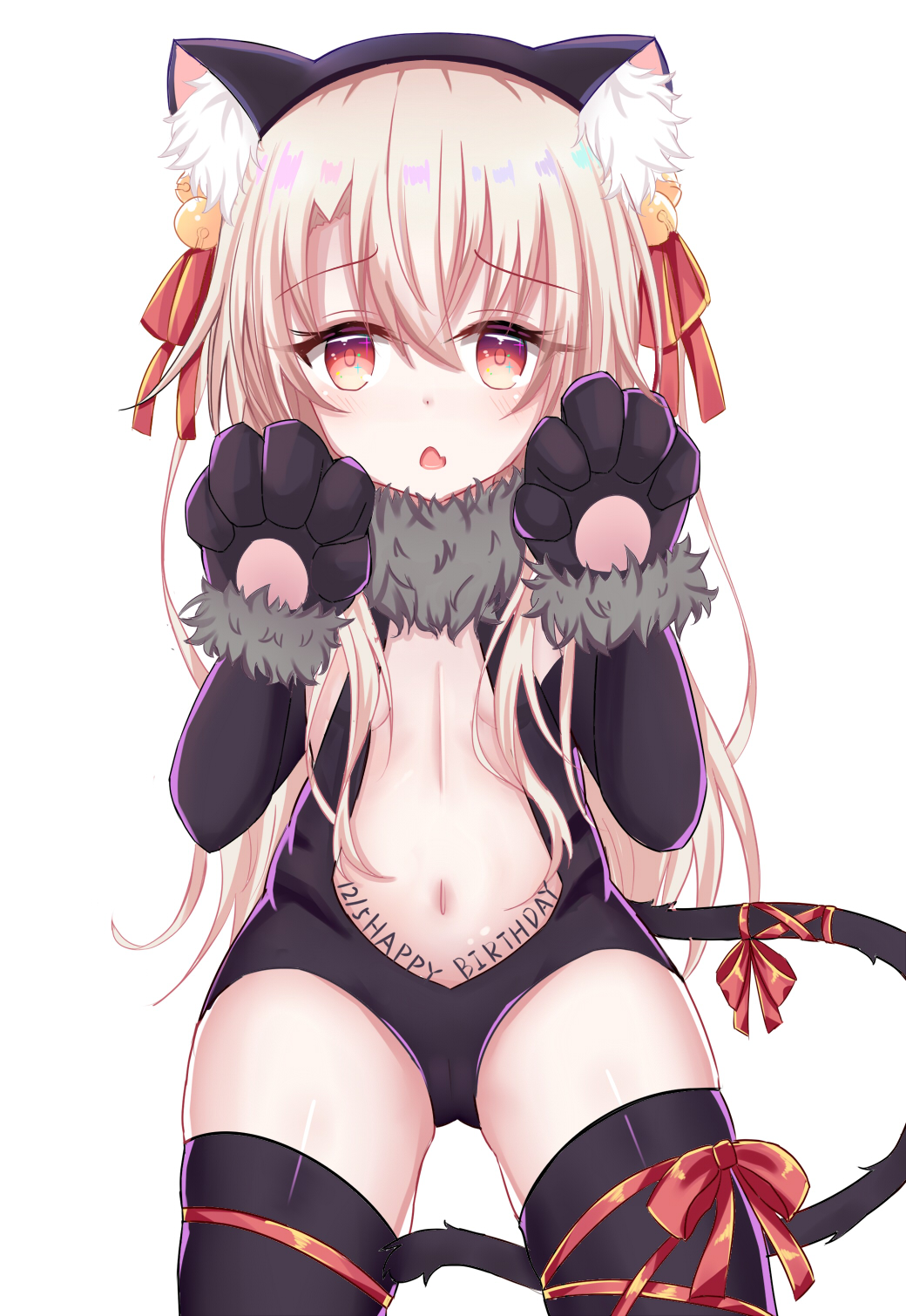 1girl animal_ear_fluff animal_ears bangs bell black_gloves black_legwear black_leotard blush bow cameltoe cat_ears cat_girl cat_tail center_opening commentary_request elbow_gloves eyebrows_visible_through_hair fang fate/kaleid_liner_prisma_illya fate_(series) fur-trimmed_gloves fur_trim gloves hair_bell hair_between_eyes hair_bow hair_ornament hands_up highres illyasviel_von_einzbern jingle_bell leotard light_brown_hair long_hair looking_at_viewer navel parted_lips paw_gloves paws red_bow red_eyes satori_(ymoy) solo tail thighhighs very_long_hair