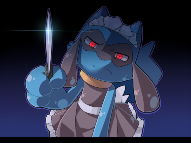 2015 angry anthro attack blue_fur breaking_the_fourth_wall canine clothing dark darkness fur jackal knife looking_at_viewer maid maid_uniform mammal nintendo nongqiling pok&eacute;mon red_eyes ribbons riolu slit_pupils video_games