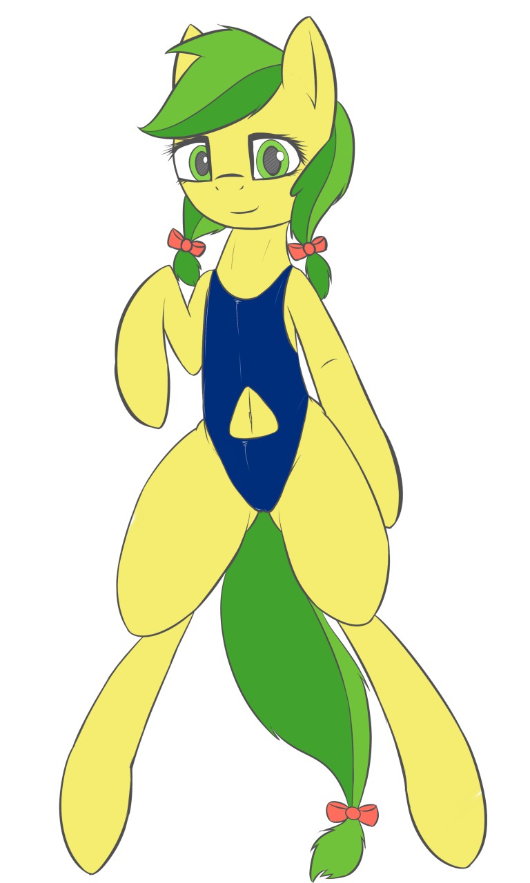 2014 anthro anthrofied apple_fritter_(mlp) clothed clothing earth_pony equine female friendship_is_magic fur green_eyes green_fur green_hair hair horse looking_at_viewer mammal my_little_pony navel pony ponytail simple_background solo swimsuit thermalcake white_background yellow_fur yellow_skin