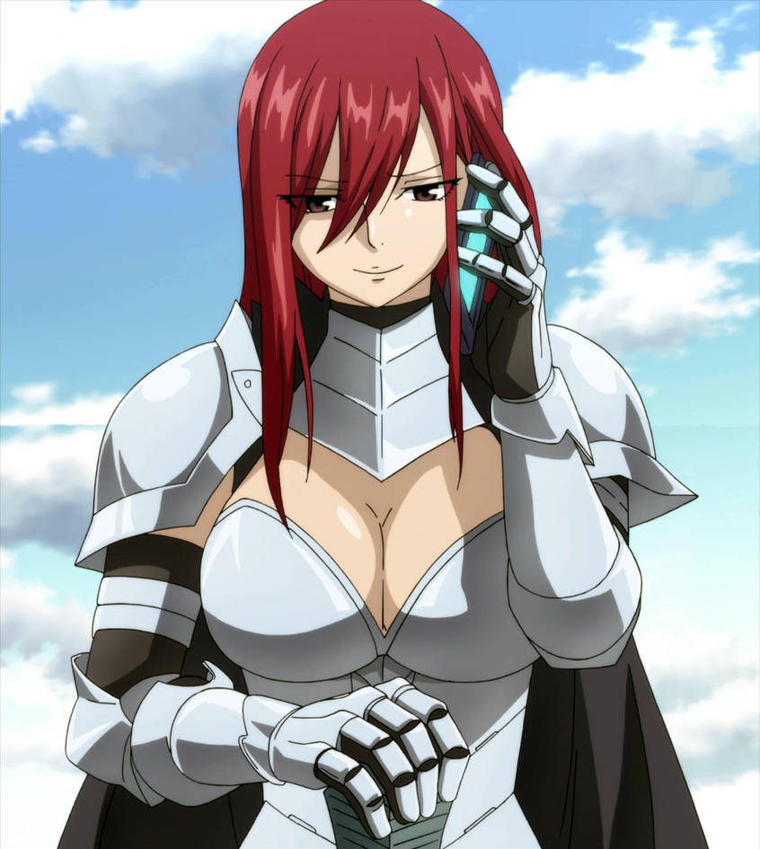 1girl armor breasts brown_eyes cellphone cleavage erza_scarlet fairy_tail hair_over_one_eye large_breasts long_hair looking_at_viewer phone red_hair smartphone smile solo