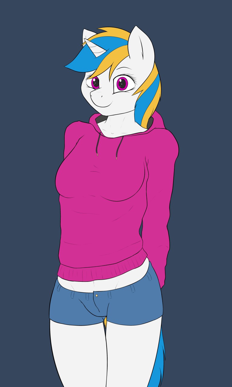 2014 anthro anthrofied blonde_hair blue_background blue_fur blue_hair breasts clothed clothing equine fan_character female fur hair hoodie horn mammal multicolored_hair my_little_pony purple_eyes shorts simple_background solo sweater thermalcake two_tone_hair unicorn white_fur white_skin yellow_fur