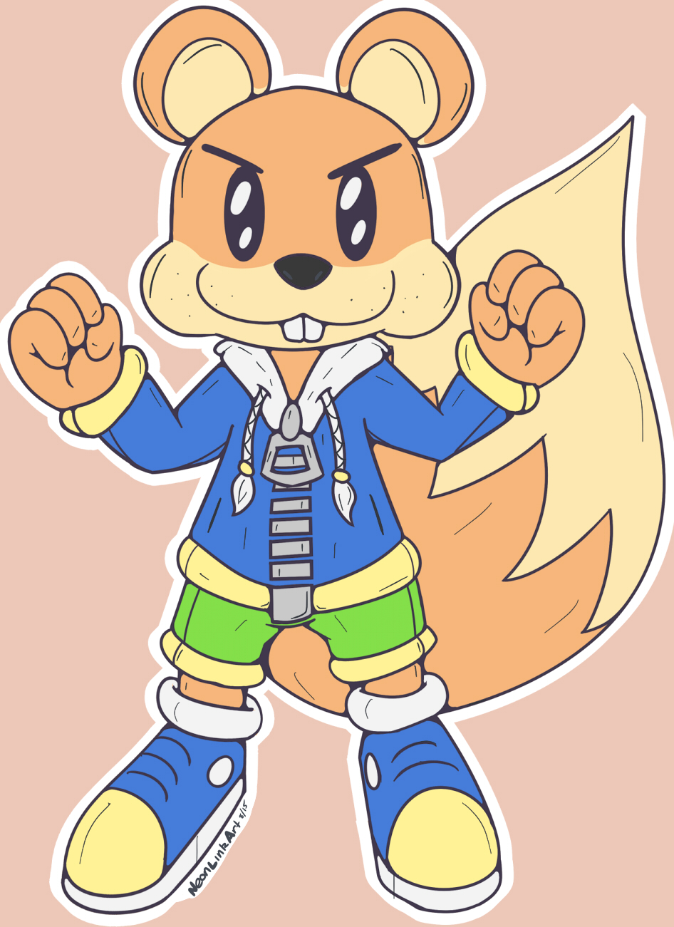 &gt;:3 2015 anthro beady_eyes big_tail brown_fur buckteeth clothed clothing colorful conker conker's_bad_fur_day cute fluffy_tail footwear front_view fur jacket looking_at_viewer male mammal neonlink nintendo nintendo_64 pants pink_background rare rareware rodent shoes simple_background smile solo squirrel standing style tan_fur torso video_games