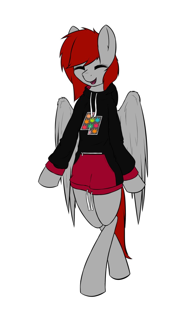 2014 anthro anthrofied clothed clothing equine eyes_closed fan_character feathers female fur grey_feathers grey_fur grey_skin hair hoodie mammal my_little_pony open_mouth pegasus red_fur red_hair shorts simple_background smile solo sweater thermalcake thermie tongue white_background wings