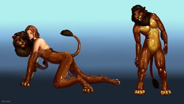 all_fours anthro anthrofied bodysuit clothing crossdressing digitigrade disney duo feline female kemono_inukai kovu lion male mammal muscles penis rubber skinsuit the_lion_king transformation