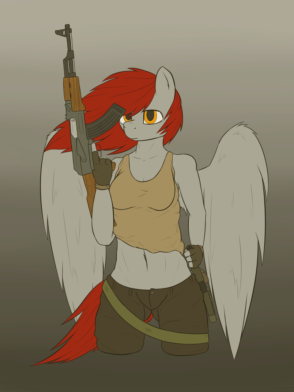 2014 ak-47 anthro anthrofied assault_rifle breasts clothed clothing equine fan_character feathers female fur gloves grey_background grey_feathers grey_fur grey_skin gun hair long_hair mammal my_little_pony navel orange_eyes pants pegasus ranged_weapon red_fur red_hair rifle shirt simple_background soldier solo tank_top thermalcake thermie weapon wings