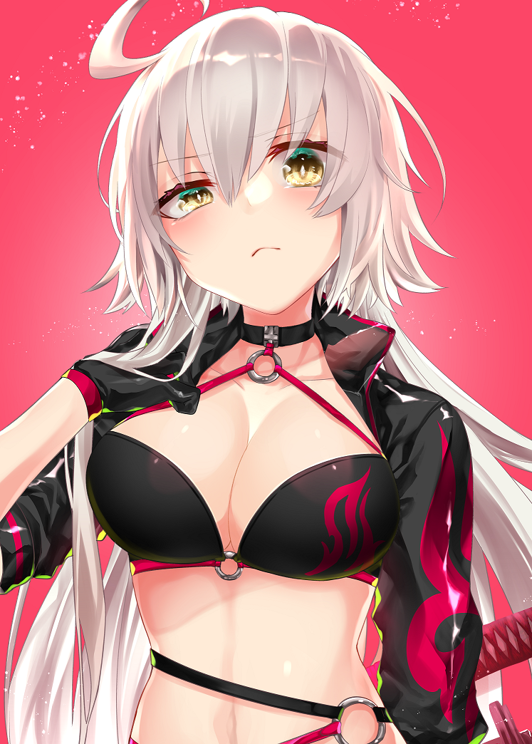 ahoge bangs belt bikini black_bikini black_choker black_gloves black_jacket blush breasts choker closed_mouth collarbone commentary_request cropped_jacket fate/grand_order fate_(series) gezerun gloves hair_between_eyes jacket jeanne_d'arc_(alter_swimsuit_berserker) jeanne_d'arc_(fate)_(all) katana large_breasts long_hair looking_at_viewer o-ring o-ring_bikini o-ring_top pink_background shrug_(clothing) silver_hair solo swimsuit sword very_long_hair weapon yellow_eyes