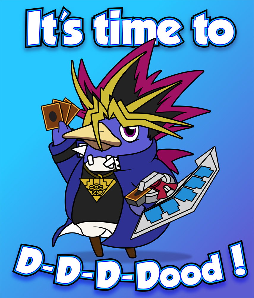 2011 atem_(yu-gi-oh!) avian beak bird black_hair blonde_hair blue_background blue_feathers bottomless cards clothed clothing cosplay crossover deck disgaea duel_disc english_text feathers feral hair half-dressed humor jacket looking_at_viewer millennium_puzzle parody penguin prinny purple_eyes raised_arm red_hair shirt simple_background talisment text video_games white_feathers yu-gi-oh