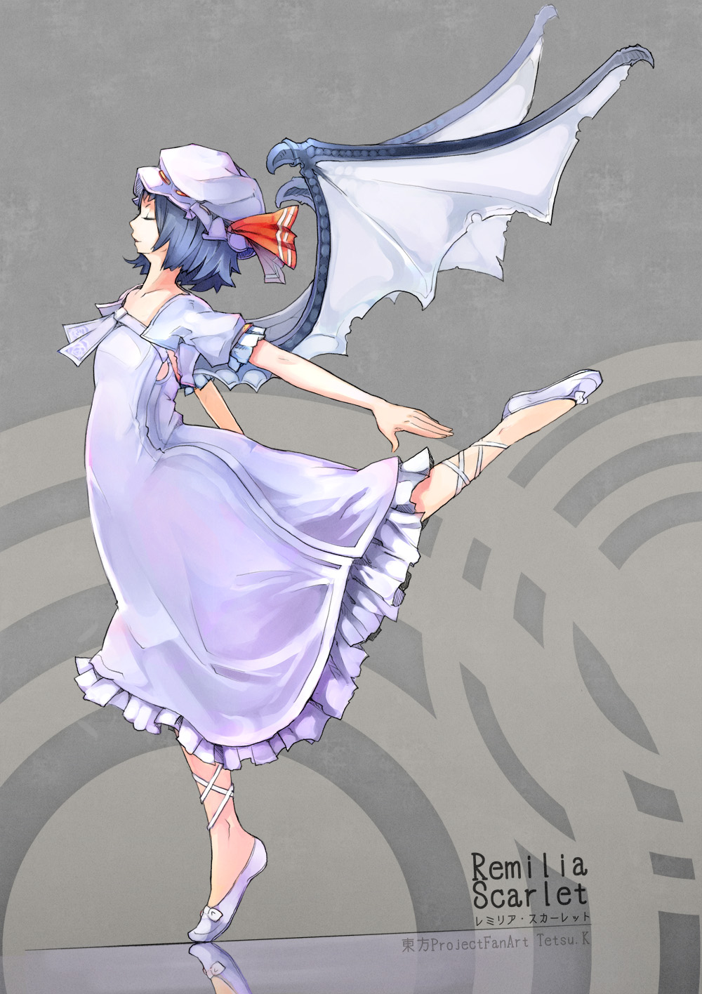 ankle_ribbon arched_back artist_name bad_id bad_pixiv_id bangs bat_wings blue_hair bow breasts character_name closed_eyes collarbone copyright_name crop_top cropped_jacket dress flats frilled_dress frilled_hat frilled_sleeves frills from_side full_body grey_background hat hat_ribbon highres jacket kurosawa_tetsu leg_lift leg_up legs_apart mob_cap open_clothes open_jacket outstretched_arms parted_lips red_ribbon remilia_scarlet ribbon ribbon-trimmed_headwear ribbon_trim short_hair short_sleeves small_breasts solo spread_arms standing standing_on_one_leg strapless strapless_dress tiptoes touhou white_hat white_jacket white_ribbon white_wings wings