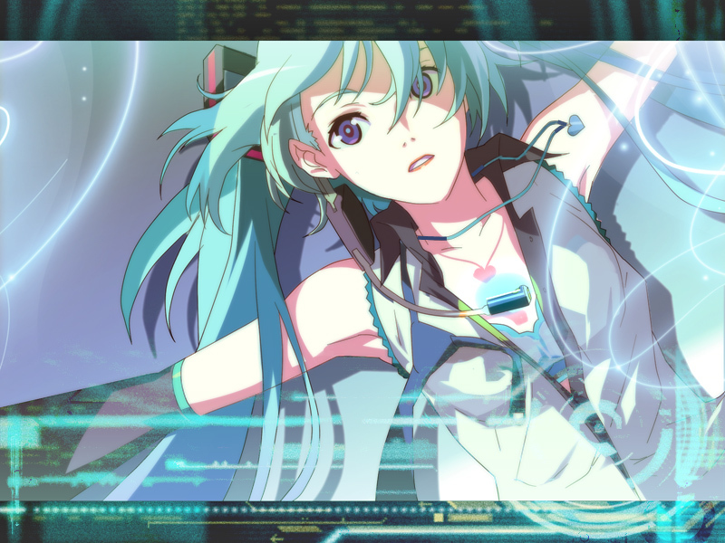1girl aqua_hair armpits blue_eyes detached_sleeves hatsune_miku headphones jewelry long_hair lying necklace on_back solo twintails vest vocaloid water