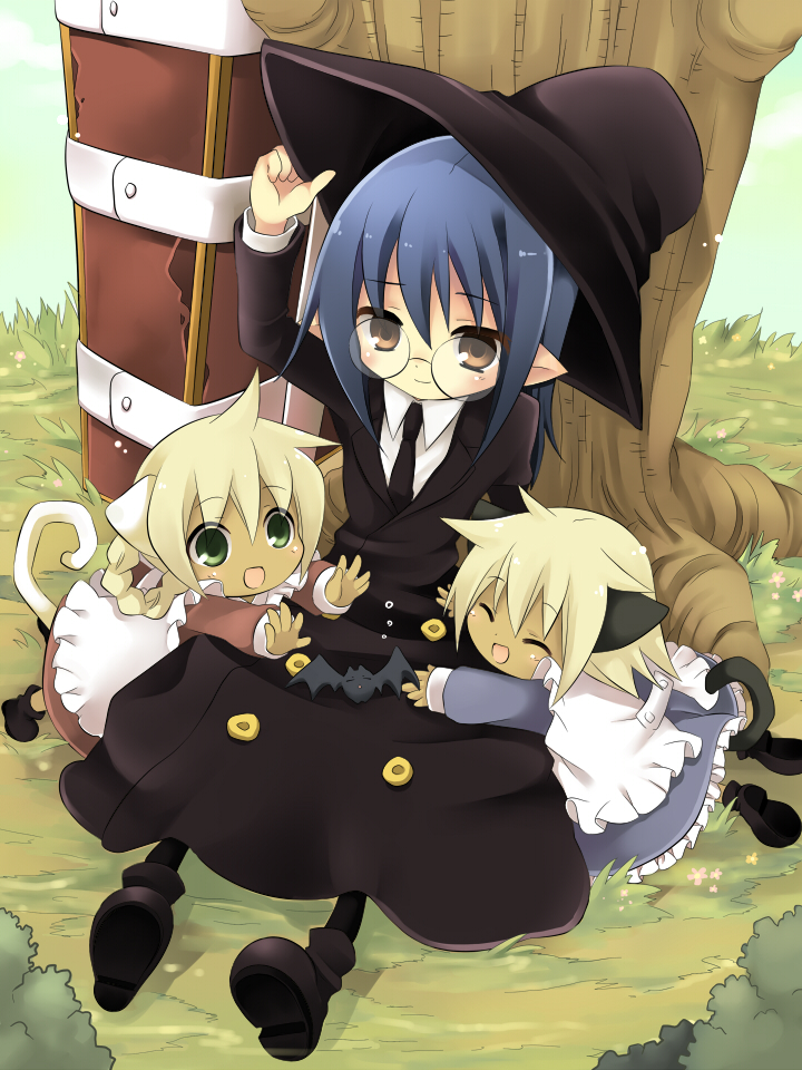 animal_ears bat cat_ears coffin dress glasses hanabana_tsubomi hat hitsugi_katsugi_no_kuro kuro_(hitsugi_katsugi_no_kuro) multiple_girls necktie nijuku pointy_ears sanju sen_(hitsugi_katsugi_no_kuro) sitting tail tree