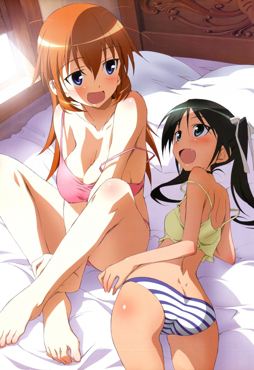 absurdres aqua_eyes ass babydoll bare_shoulders barefoot bed bed_sheet bedsheet black_hair blue_eyes blush breasts brown_hair butt_crack camisole charlotte_e_yeager cleavage dimples_of_venus fang feet francesca_lucchini hair_ribbon highres kurashima_tomoyasu lingerie long_hair multiple_girls nyantype official_art open_mouth panties ribbon small_waist strap_slip strike_witches striped striped_panties thigh_gap thighs twintails underwear