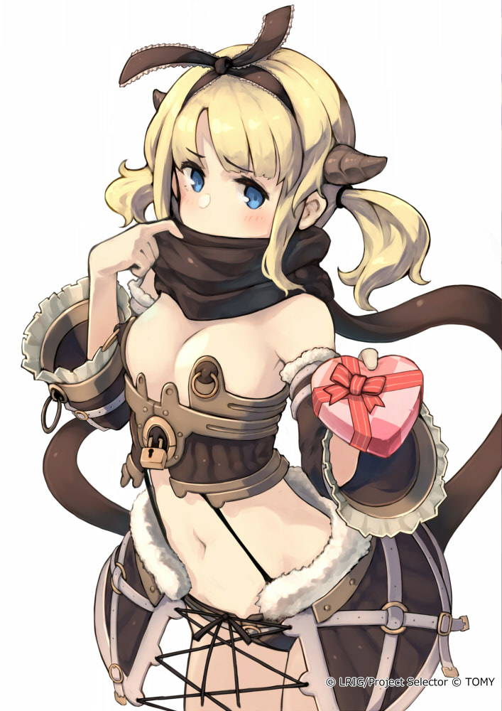 blonde_hair blue_eyes blush box breasts detached_sleeves gift hairband heart-shaped_box horns keypot lock long_hair navel official_art padlock revealing_clothes scarf small_breasts solo twintails umuru_(wixoss) valentine wixoss