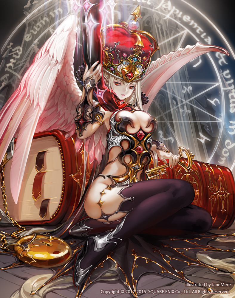 angel_wings armor armored_boots black_legwear book boots bracer breasts cape chain cleavage copyright_name crown disembodied_limb feathered_wings guardian_cross jane_mere key lipstick lock looking_at_viewer magic_circle makeup medium_breasts minigirl nail_polish official_art original padlock pale_skin pink_nails pointy_ears red_eyes silver_hair sitting solo thighhighs white_wings wings