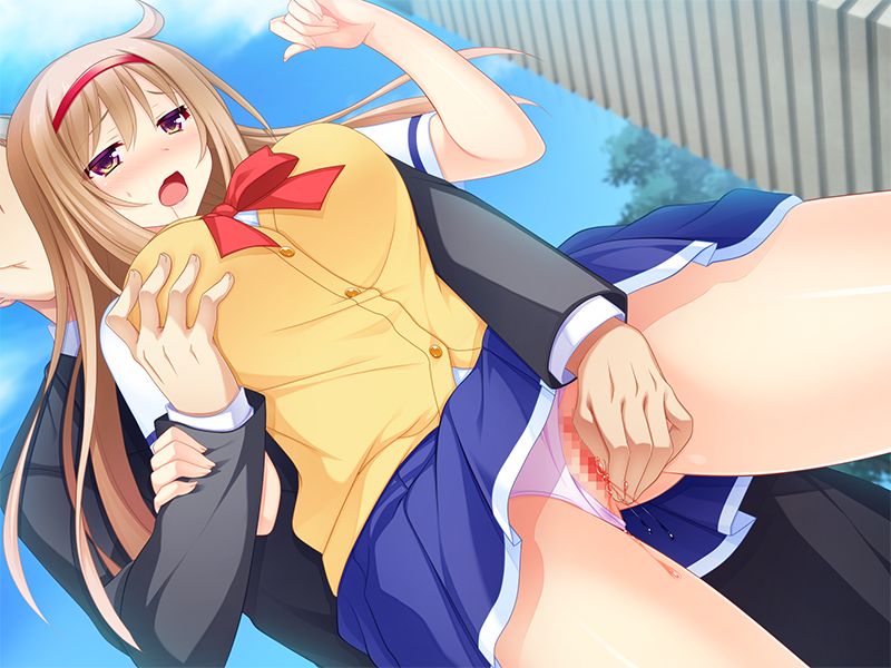 1boy 1girl akasaka_kanon artist_request blush breast_grab breasts brown_hair censored character_request fingering game_cg grabbing hairband heat_soft komoda large_breasts long_hair oshiego_wa_mahou_shoujo outdoors panties panties_aside pussy pussy_juice school_uniform skirt skirt_lift sky source_request sweater sweater_vest underwear yellow_eyes