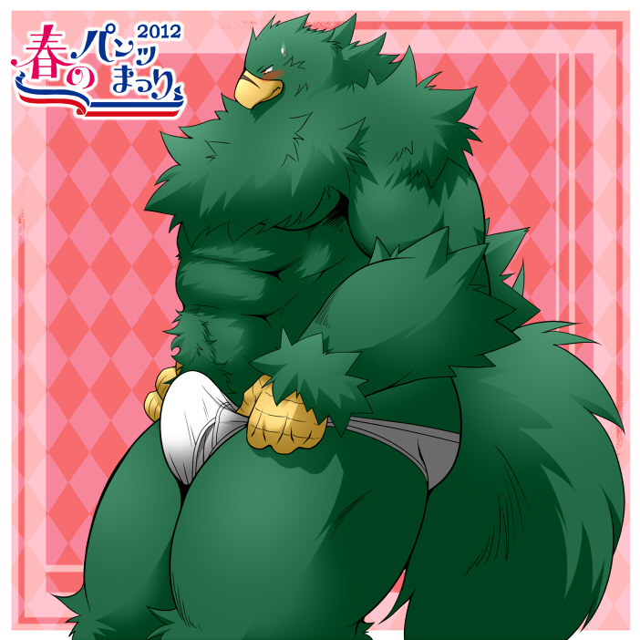 anthro avian beak bird blush briefs bulge claws clothed clothing feathers fur green_fur half-dressed hawk japanese_text looking_at_viewer male muscles simple_background solo text underwear underwear_festival underwear_pull