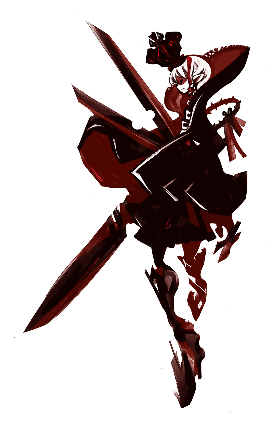 abstract blade commentary crown dual_wielding from_side full_body highres holding kiku_(kicdoc) monochrome original pointy_ears red red_eyes ribbon simple_background solo thorns white_background
