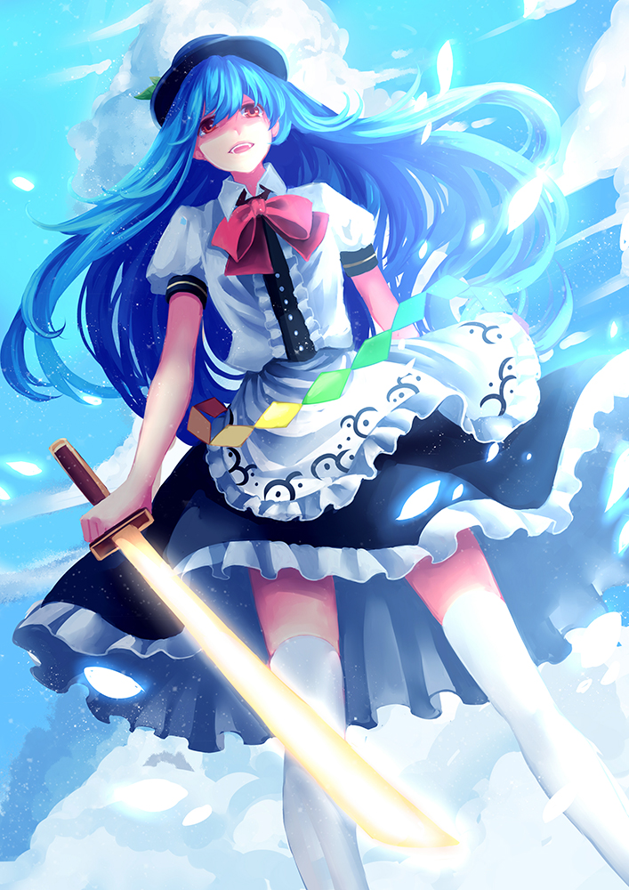 blue_hair blue_sky bow cloud day dress dutch_angle frills hat hinanawi_tenshi layered_dress ling_(vivianling) long_hair open_mouth puffy_sleeves red_eyes short_sleeves sky smile solo sword_of_hisou thighhighs touhou white_legwear zettai_ryouiki