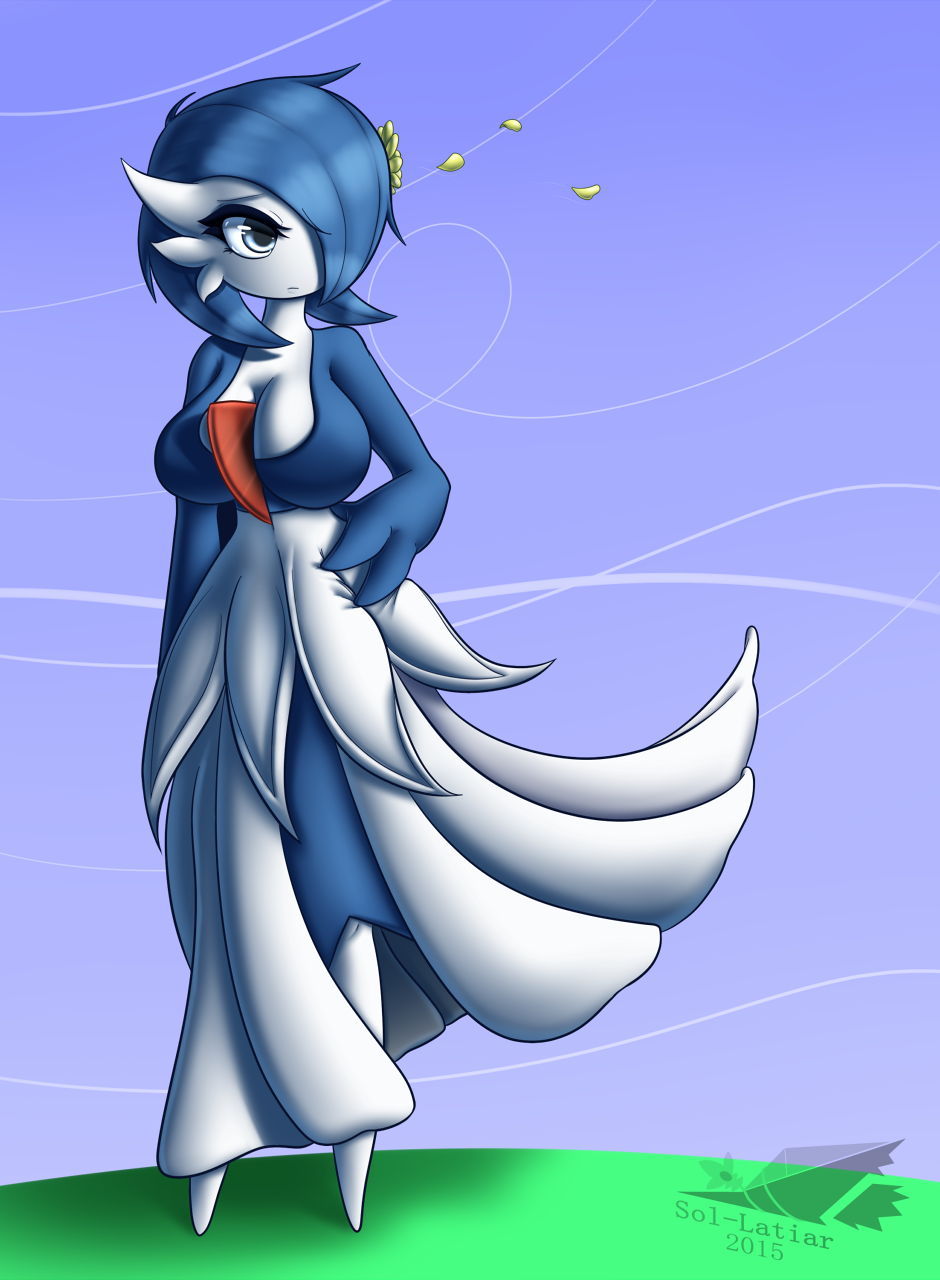 2015 alternate_color anthro big_breasts blue_hair blue_skin breasts cleavage clothed clothing english_text female flower flower_on_head gardevoir grass grey_eyes hair horn latiar nintendo outside petal plant pok&eacute;mon pok&eacute;morph red_skin sky solo text video_games white_skin wind