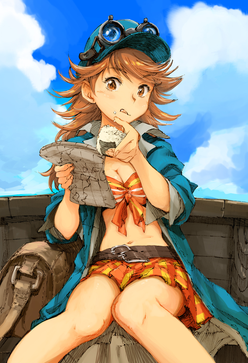 :q bag belt bikini_top breasts brown_eyes brown_hair cleavage coat eating food food_on_face front-tie_top goggles goggles_on_headwear granblue_fantasy hat highres hirokazu long_hair map mary_(granblue_fantasy) medium_breasts navel onigiri orange_eyes orange_hair orange_skirt plaid plaid_skirt pointing sitting skirt solo striped striped_skirt tongue tongue_out vertical-striped_skirt vertical_stripes