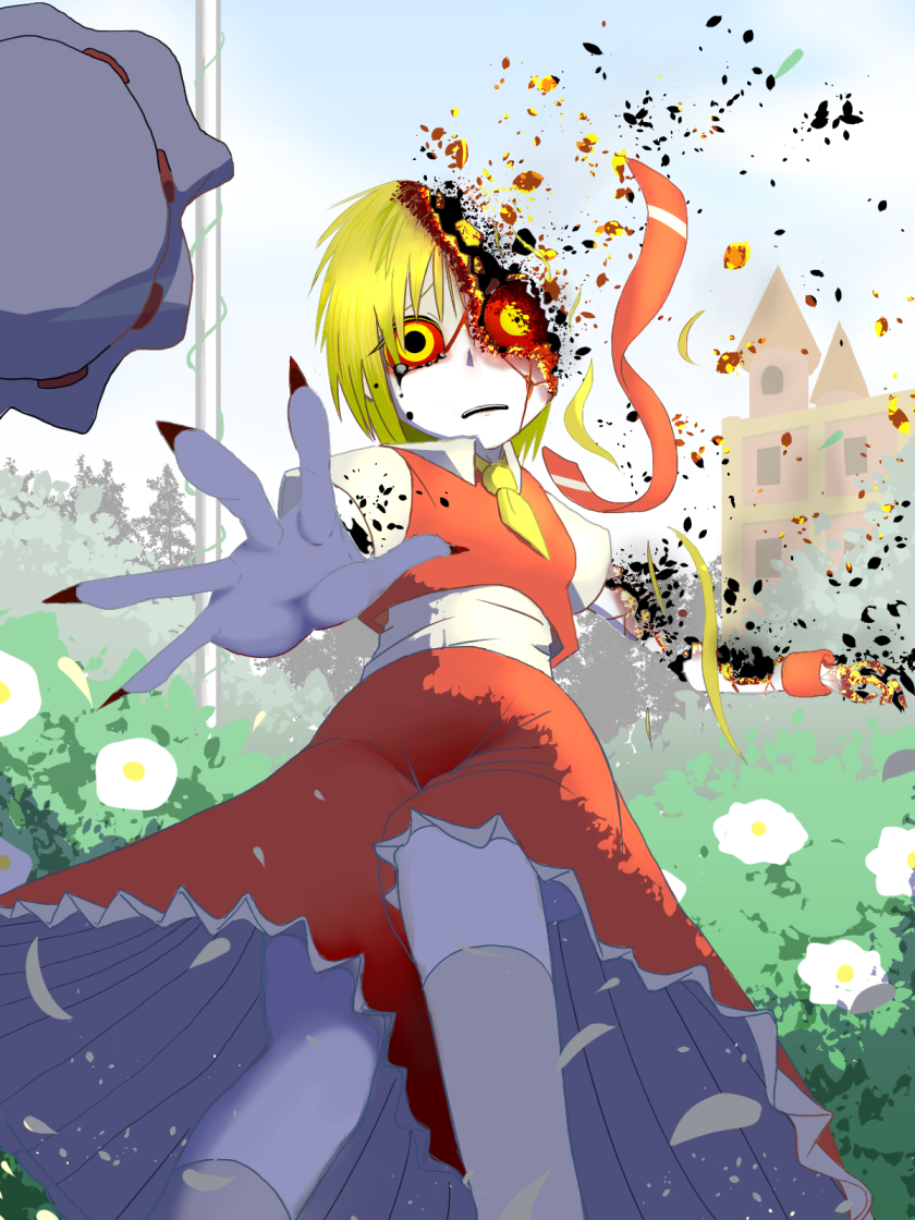 ascot ashes bad_id bad_pixiv_id banned_artist blonde_hair blue_sky bush cloud collared_shirt commentary cropped_vest crying day dissolving fingernails flandre_scarlet flower foreshortening frilled_skirt frills hat kneehighs long_skirt looking_at_viewer mob_cap okahi outdoors pale_skin petals pov puffy_short_sleeves puffy_sleeves red_sclera red_skirt sad scarlet_devil_mansion sharp_fingernails shirt short_hair short_sleeves skirt sky solo sunlight teardrop tears touhou tree_shade wrist_cuffs