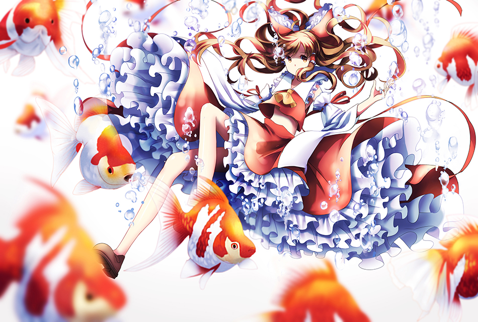 air_bubble animal bow brown_hair bubble cravat detached_sleeves fish frilled_skirt frills hair_bow hair_tubes hakurei_reimu ling_(vivianling) long_hair long_sleeves looking_at_viewer petticoat red_skirt ribbon scales simple_background skirt submerged touhou underwater vest water white_background