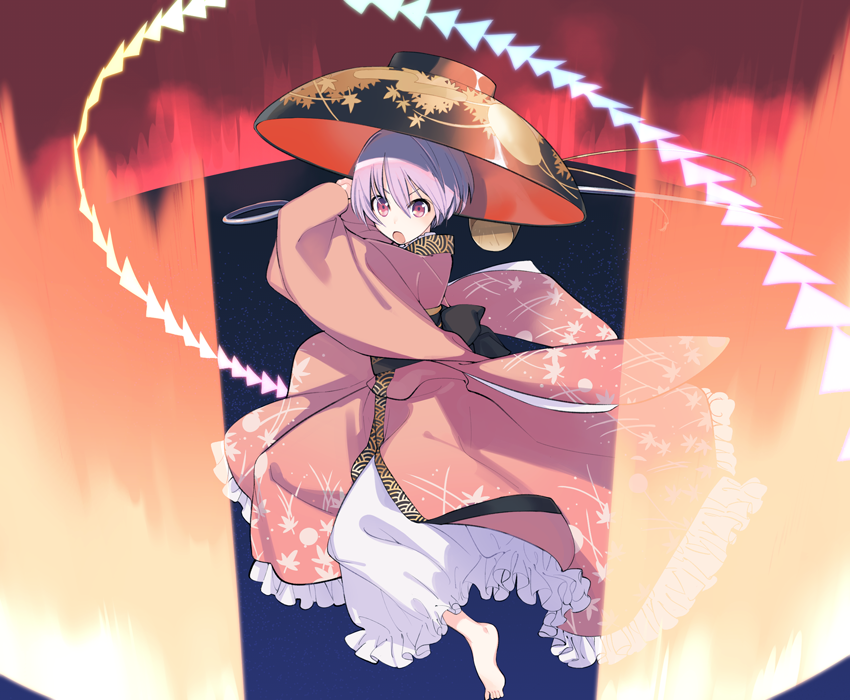 barefoot bowl fighting_stance frills full_body holding_needle japanese_clothes kimono lavender_hair long_sleeves nakatani_nio needle object_on_head open_mouth short_hair solo sukuna_shinmyoumaru touhou wide_sleeves