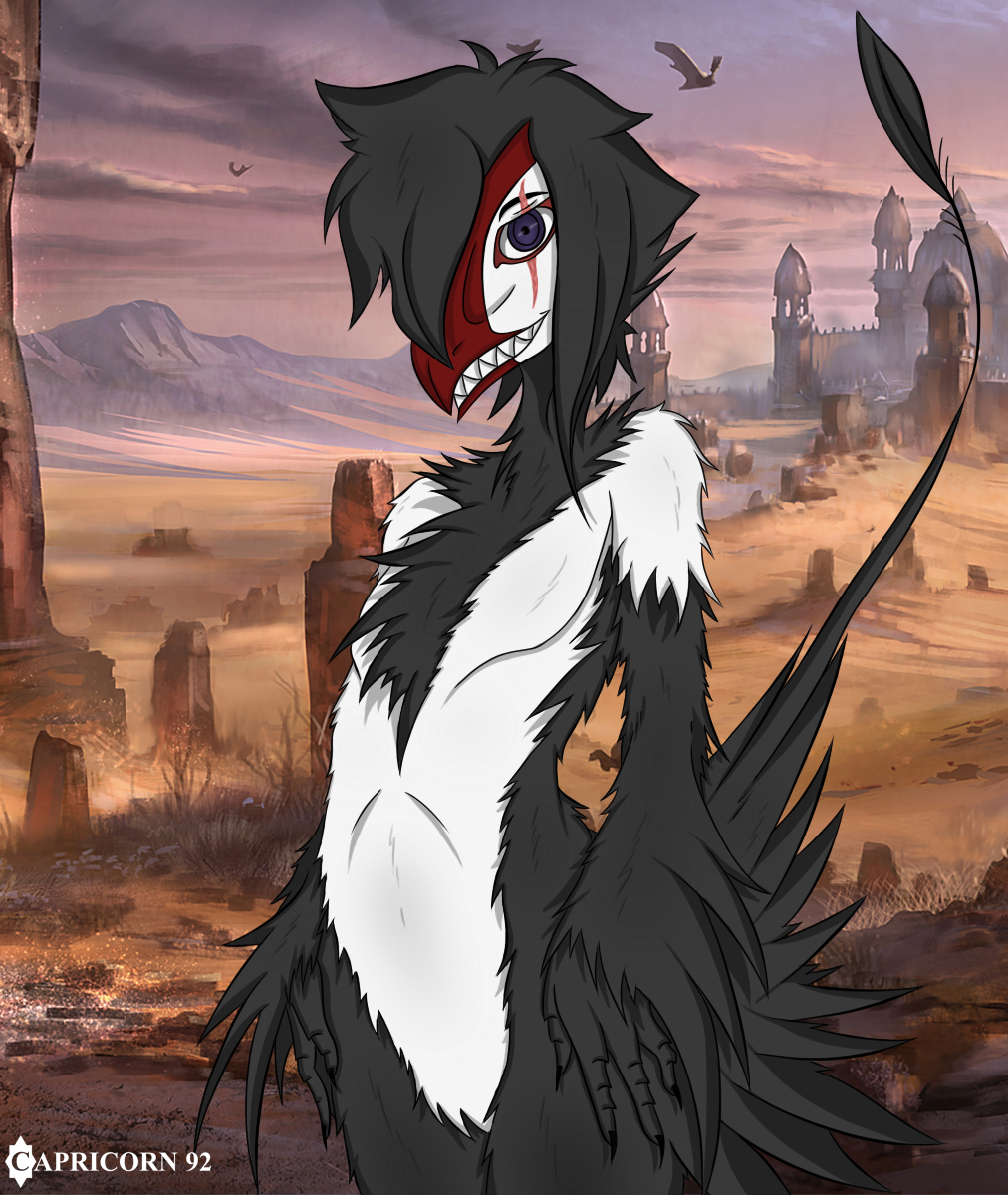 2013 anthro avian beak black_feathers black_fur black_hair building capricorn92 claws english_text feathers female flat_chested fur hair lilith looking_at_viewer nevrean nude open_mouth outside purple_eyes raised_tail scar sharp_teeth smile solo teeth text white_feathers white_fur