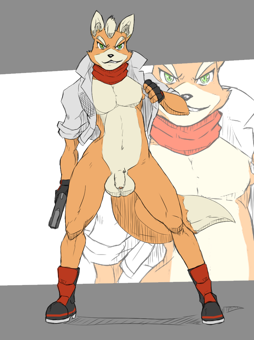 a-side anthro balls boots canine clothed clothing footwear fox fox_mccloud fur gloves gun half-dressed jacket looking_at_viewer male mammal muscles navel nintendo pecs penis ranged_weapon smile solo standing star_fox teeth uncut video_games weapon