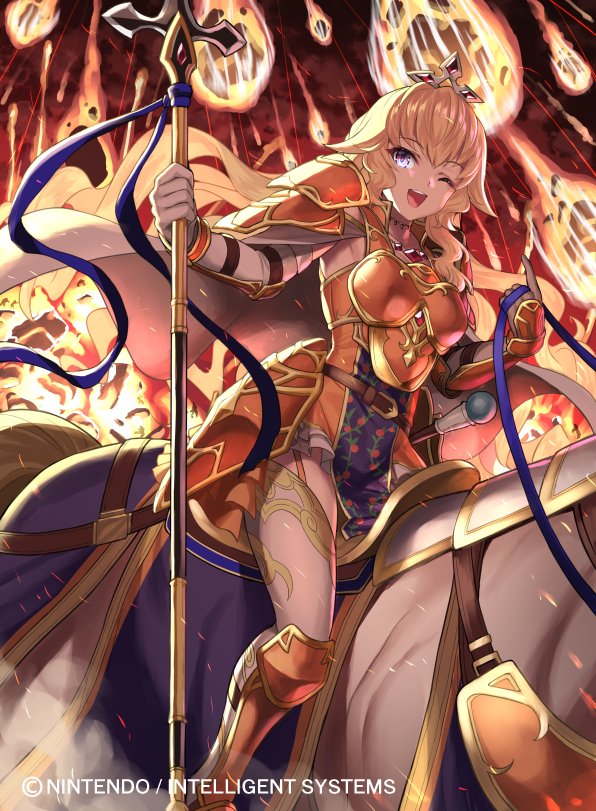 1girl alice_(fire_emblem) armor blonde_hair capelet company_name copyright_name fire_emblem fire_emblem_cipher gloves holding holding_staff horse horseback_riding kousei_horiguchi long_hair meteor meteor_shower nintendo official_art one_eye_closed open_mouth purple_eyes riding solo staff white_gloves