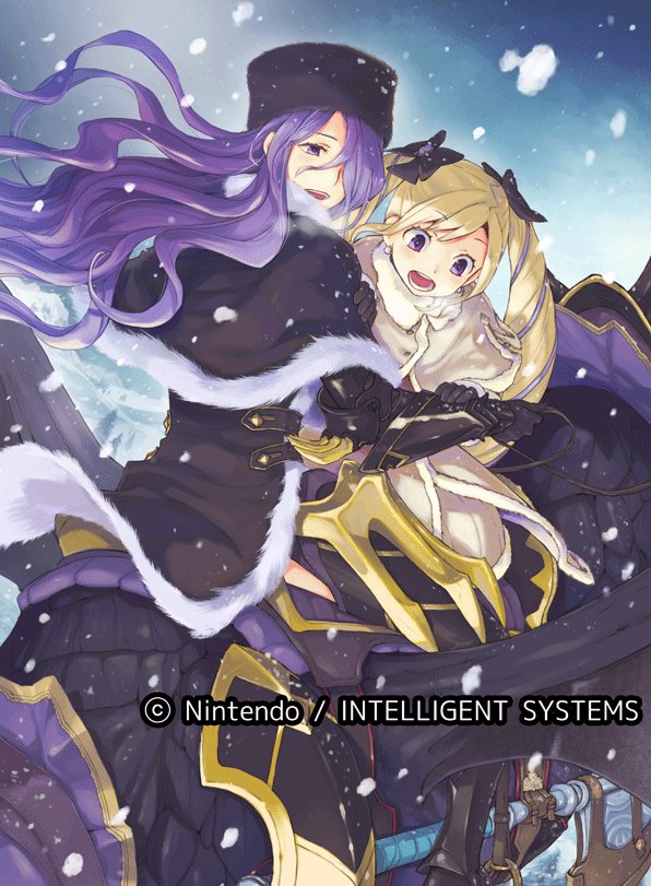 2girls alternate_costume axe black_bow black_gloves black_hat blonde_hair bow camilla_(fire_emblem_if) coat company_name copyright_name dragon elise_(fire_emblem_if) fire_emblem fire_emblem_cipher fire_emblem_if fur_hat fur_trim gloves hair_bow hair_over_one_eye hat long_hair multicolored_hair multiple_girls nintendo official_art open_mouth purple_eyes purple_hair riding siblings sisters snowing twintails wyvern yugyouji_tama