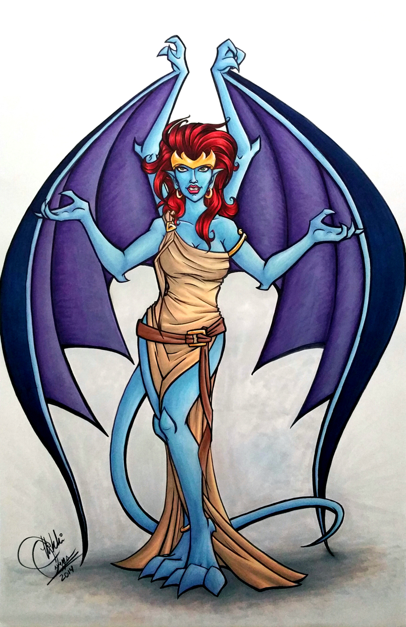 2014 anklet anthro armband belt breasts claws clothed clothing crown demona digitigrade ear_piercing female gargoyles hair jewelry lipstick piercing red_hair solo wide_hips wings y2hecate