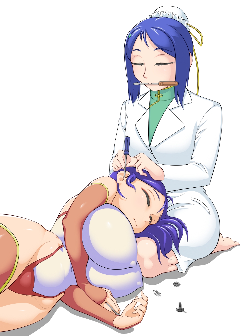android aq_interactive arcana_heart atlus bare_shoulders blue_hair bolt breast_squeeze breasts bridal_gauntlets bun_cover ear_cleaning ebata erect_nipples examu gears hair_down highleg highleg_leotard huge_breasts labcoat lap_pillow leotard lying mei-fang mei_ling_hua mouth_hold multiple_girls on_side robot_girl screwdriver shiny shiny_clothes shiny_skin short_hair simple_background sleeping spring