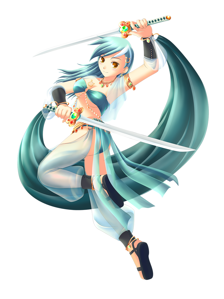 anklet bracelet commentary dancer dual_wielding earrings full_body highres holding jewelry lyra_heartstrings my_little_pony my_little_pony_friendship_is_magic personification sandals solo sword transparent_background weapon yatonokami