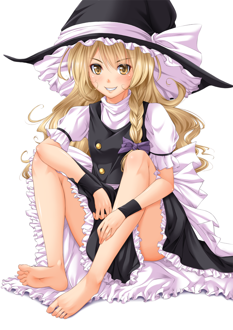 bad_id bad_pixiv_id barefoot blonde_hair blush bow braid chiro feet full_body hair_bow hat kirisame_marisa legs long_hair puffy_short_sleeves puffy_sleeves shadow short_sleeves single_braid sitting smile soles solo toes touhou white_background witch_hat wristband yellow_eyes