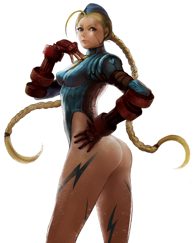 ahoge armband armor ass backlighting bad_id bad_pixiv_id blonde_hair blue_eyes blue_hat blue_leotard braid breasts cammy_white closed_mouth facial_scar fingerless_gloves floating_hair from_side fuumi_(black) garrison_cap gauntlets gloves hand_on_hip hand_on_own_chest hand_up hat heart highleg highleg_leotard impossible_clothes impossible_leotard legs_apart leotard lightning_bolt lips long_hair long_sleeves looking_at_viewer looking_back medium_breasts military military_uniform mini_necktie necktie ribbed_leotard scar scar_on_cheek screw shoulder_pads simple_background solo standing street_fighter tattoo thighs thong_leotard turtleneck twin_braids uniform very_long_hair white_background yellow_neckwear