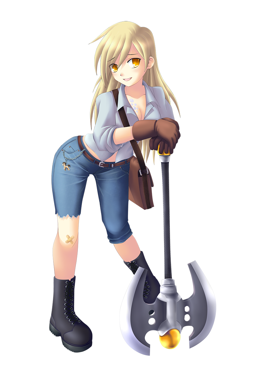 axe blonde_hair boots breasts cleavage derpy_hooves full_body gloves highres long_hair medium_breasts my_little_pony my_little_pony_friendship_is_magic personification solo transparent_background weapon yatonokami yellow_eyes