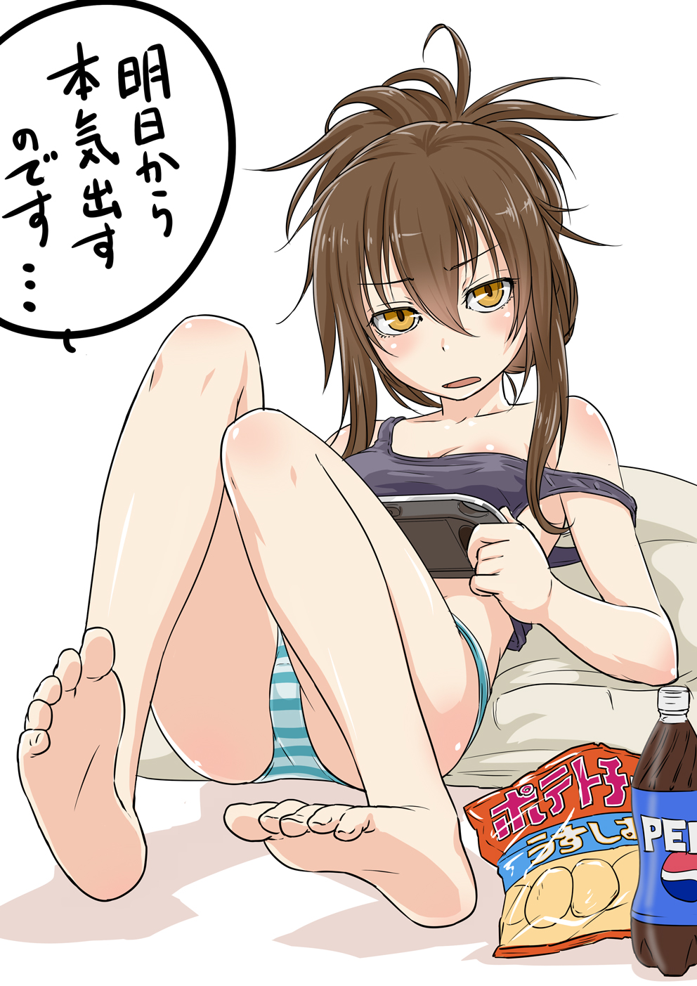 bare_legs bare_shoulders barefoot body_blush brown_eyes brown_hair chips feet folded_ponytail food full_body handheld_game_console highres inazuma_(kantai_collection) kantai_collection looking_at_viewer messy_hair mujuuryoku_kantai off_shoulder open_mouth panties pepsi pillow playing_games playstation_vita slovenly solo striped striped_panties tank_top translated underwear underwear_only white_background