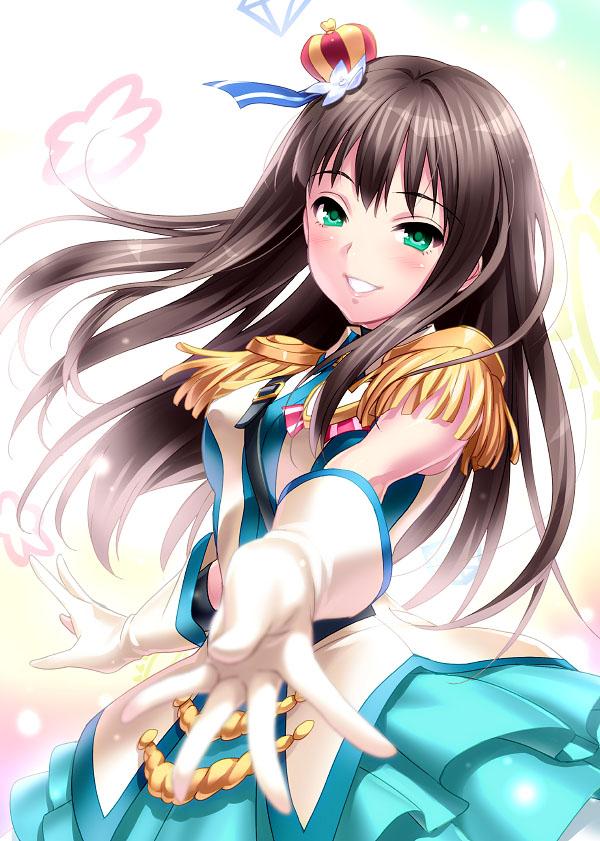 brown_hair crown crystal_night_party epaulettes gloves green_eyes hat heart heart-shaped_pupils idolmaster idolmaster_cinderella_girls long_hair looking_at_viewer mini_crown outstretched_arm shibuya_rin shine!! smile solo symbol-shaped_pupils zen