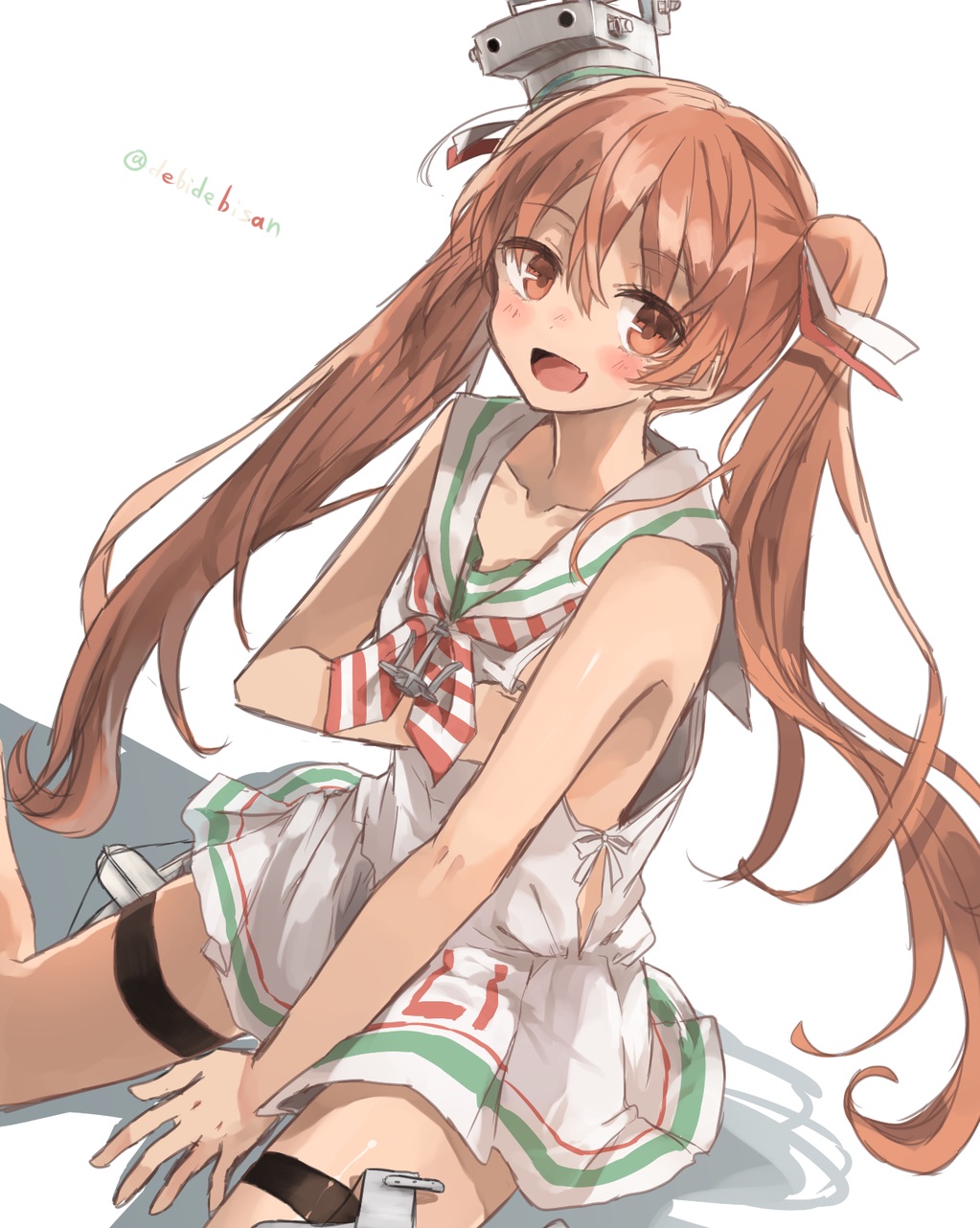:d bare_shoulders brown_eyes brown_hair chibirisu dress fang hair_ribbon hat highres italian_flag italy kantai_collection libeccio_(kantai_collection) looking_at_viewer neckerchief open_mouth paravane ribbon sailor_dress sleeveless smile solo striped striped_neckwear twintails