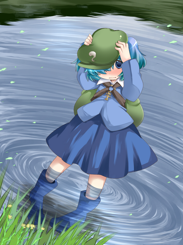 backpack bad_id bad_pixiv_id bag blouse blue_eyes blue_hair blush boots commentary covering_head hammer_(sunset_beach) hat hiding kawashiro_nitori key lake rubber_boots short_hair shy skirt solo touhou two_side_up wavy_mouth