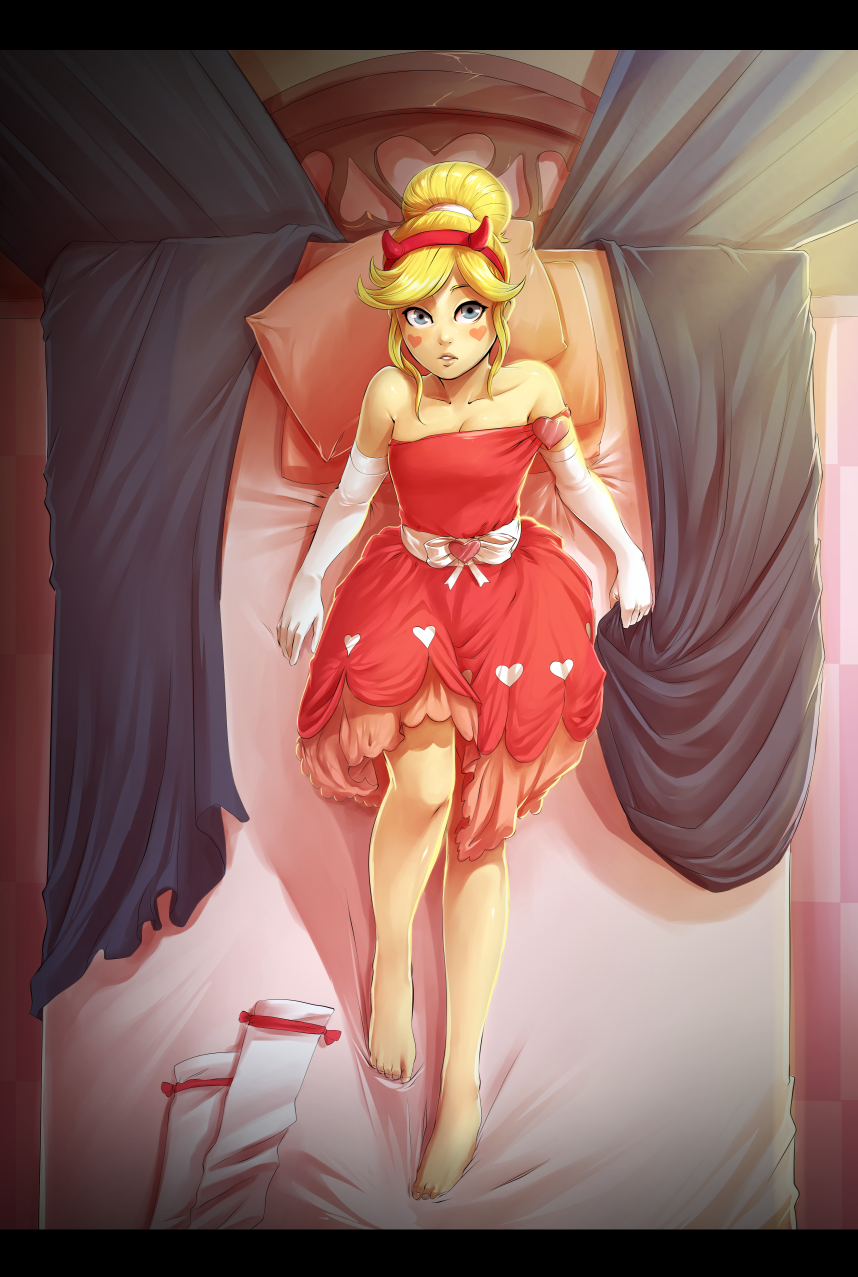 bare_shoulders barefoot blonde_hair blue_eyes breasts cleavage collarbone curtain_grab curtains d-rex dress elbow_gloves fake_horns from_above full_body gloves hairband heart_cheeks highres legwear_removed long_hair looking_at_viewer lying on_back on_bed petticoat red_dress sash single_strap small_breasts solo star_butterfly star_vs_the_forces_of_evil strap_slip thighhighs toes white_gloves white_legwear